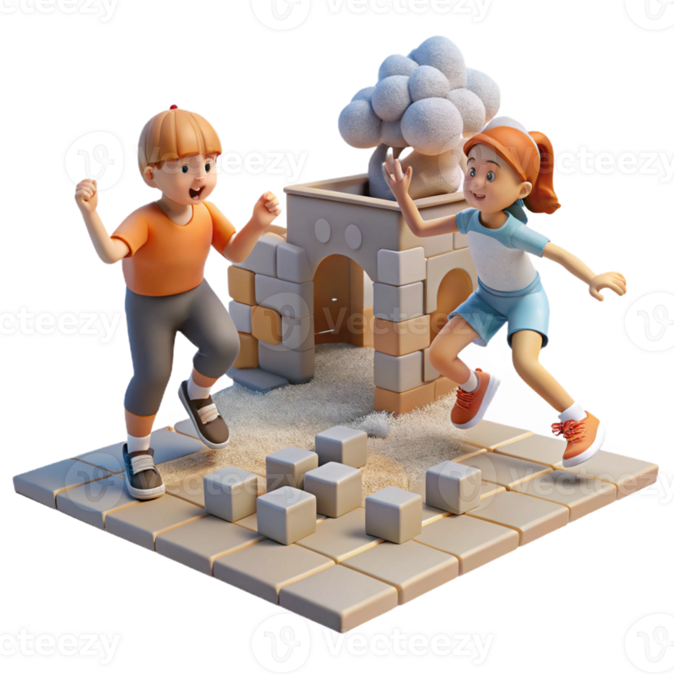 magnificent contemporary A group of children playing a game of hopscotch amidst the ruins of a school, dust motes dancing in the sunlight, melancholic, realistic, natural lighting high quality png