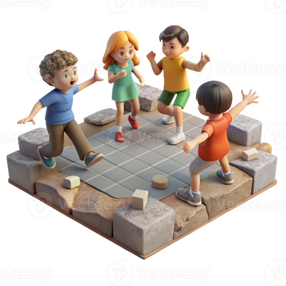 dramatic classic A group of children playing a game of hopscotch amidst the ruins of a school, dust motes dancing in the sunlight, melancholic, realistic, natural lighting professional png