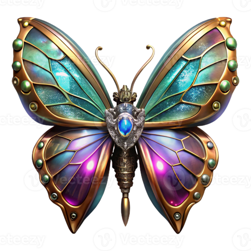 magnificent modern A steampunk mechanical butterfly with delicate filigree wings and glowing crystal accents, vibrant colors, dynamic lighting, digital art exclusive png