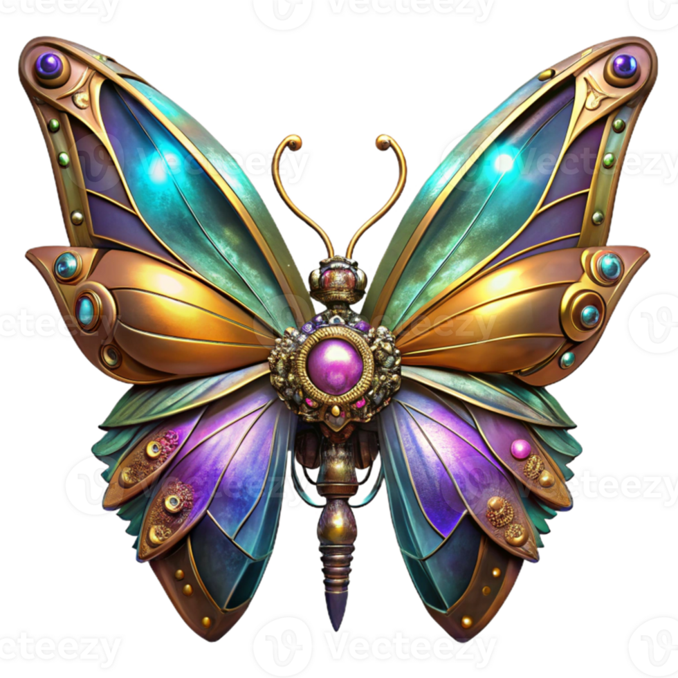 impressive minimalist A steampunk mechanical butterfly with delicate filigree wings and glowing crystal accents, vibrant colors, dynamic lighting, digital art original png