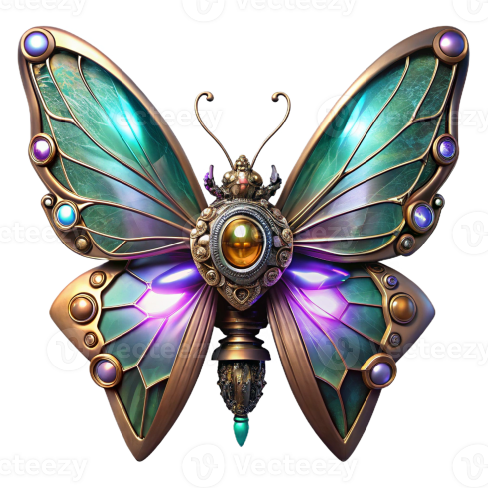 serene traditional A steampunk mechanical butterfly with delicate filigree wings and glowing crystal accents, vibrant colors, dynamic lighting, digital art detailed png