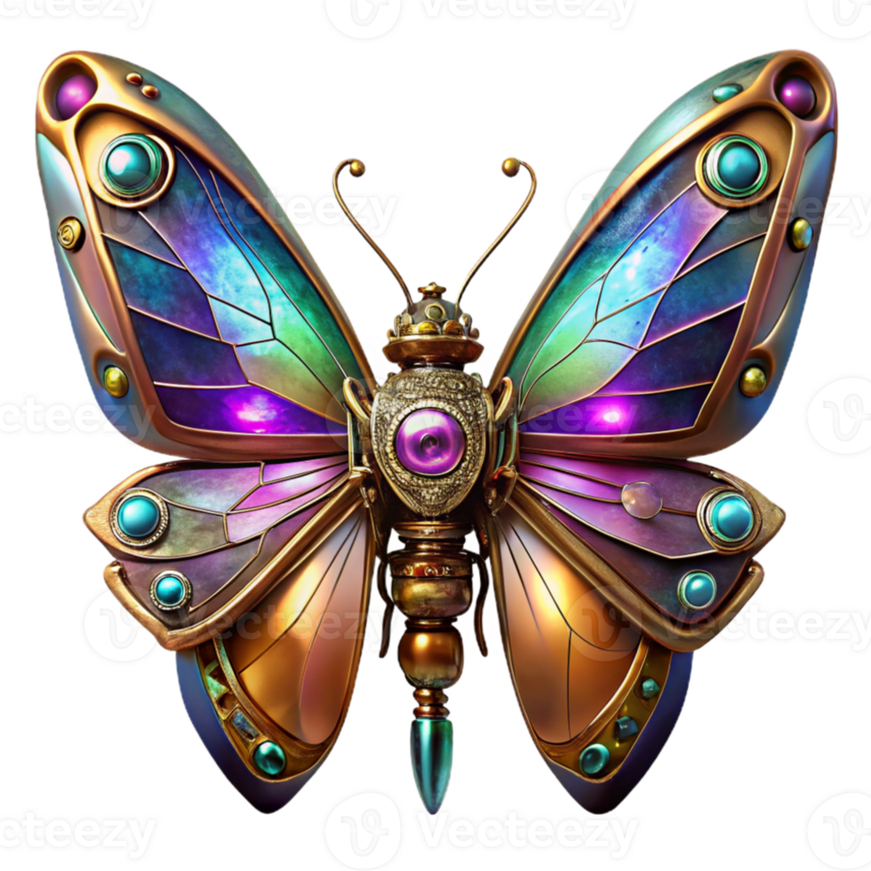 extraordinary abstract A steampunk mechanical butterfly with delicate filigree wings and glowing crystal accents, vibrant colors, dynamic lighting, digital art high quality png