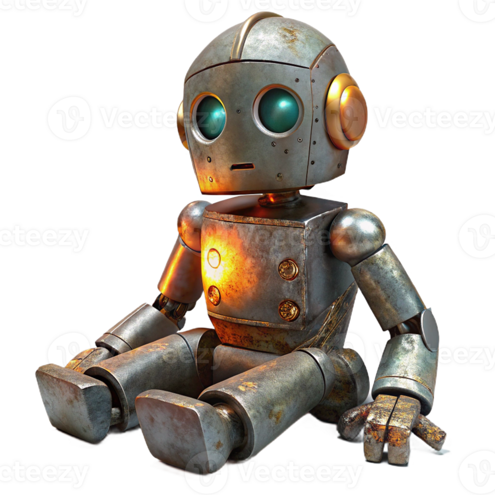 vibrant rustic A dilapidated robot, its circuits exposed and sparking, sits abandoned in a overgrown park, rusted metal texture, melancholic, soft lighting original png