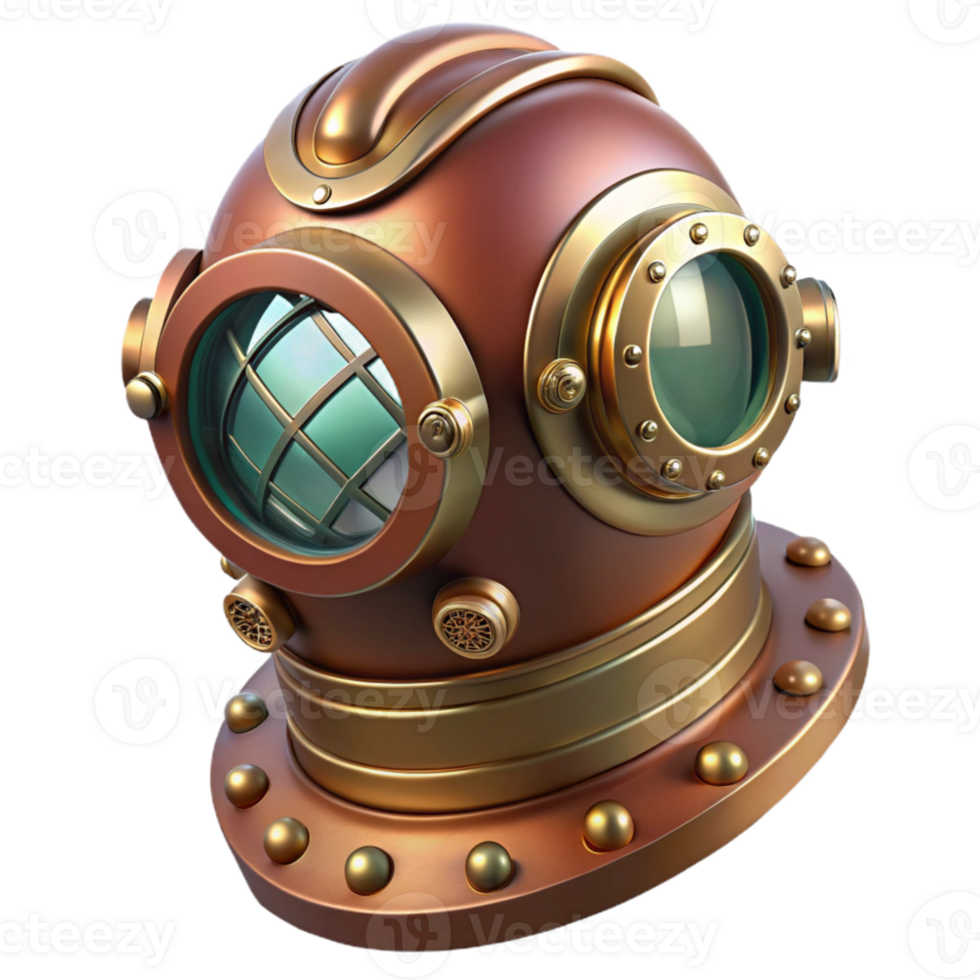 dramatic artistic A steampunk diver helmet with brass rivets and a large circular glass faceplate, underwater lighting effects, realistic rendering detailed png