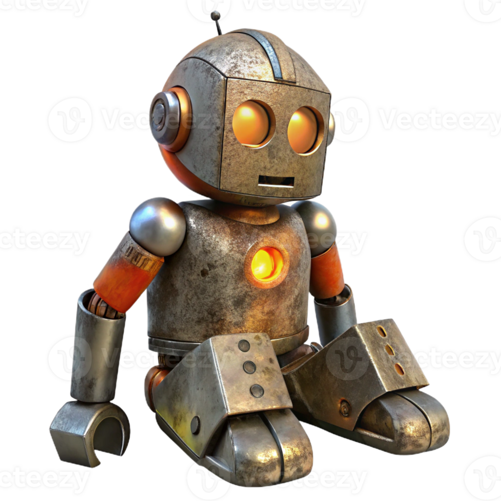 serene classic A dilapidated robot, its circuits exposed and sparking, sits abandoned in a overgrown park, rusted metal texture, melancholic, soft lighting high resolution png
