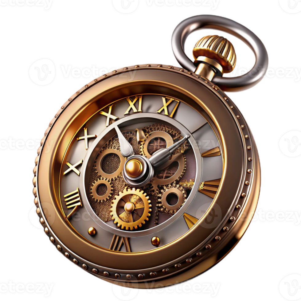 magnificent classic A close-up of a steampunk pocket watch with intricate gears and Roman numerals, highly detailed, metallic reflections, studio lighting premium png
