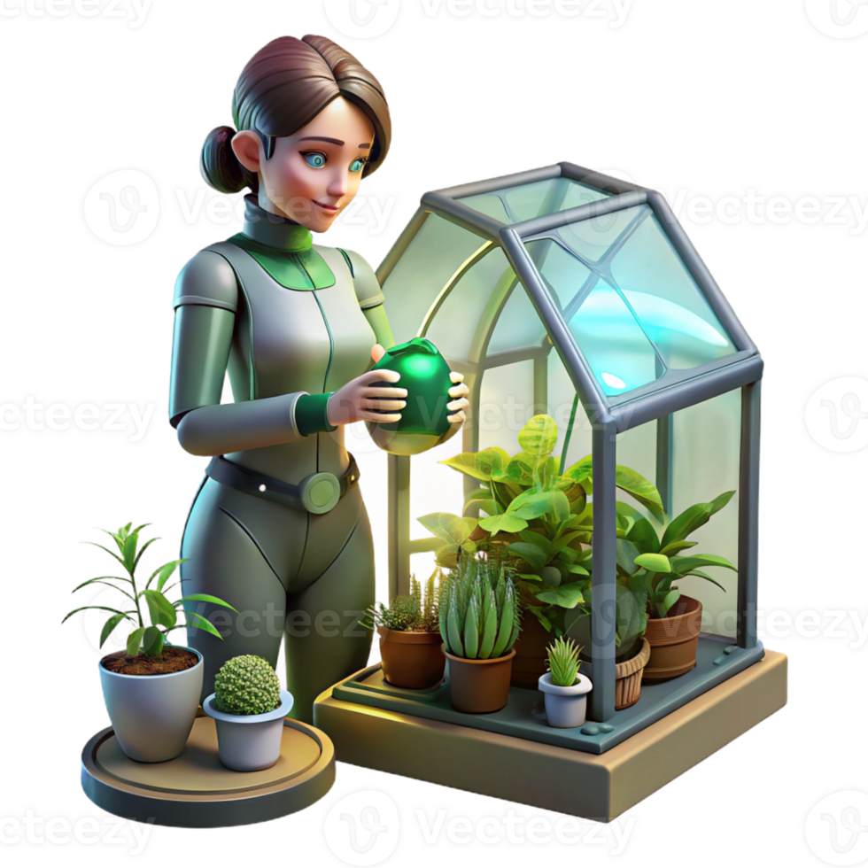 extraordinary minimalist A young woman with cybernetic enhancements tends to a small garden within a crumbling greenhouse, hopeful, soft green light, cyberpunk, detailed detailed png