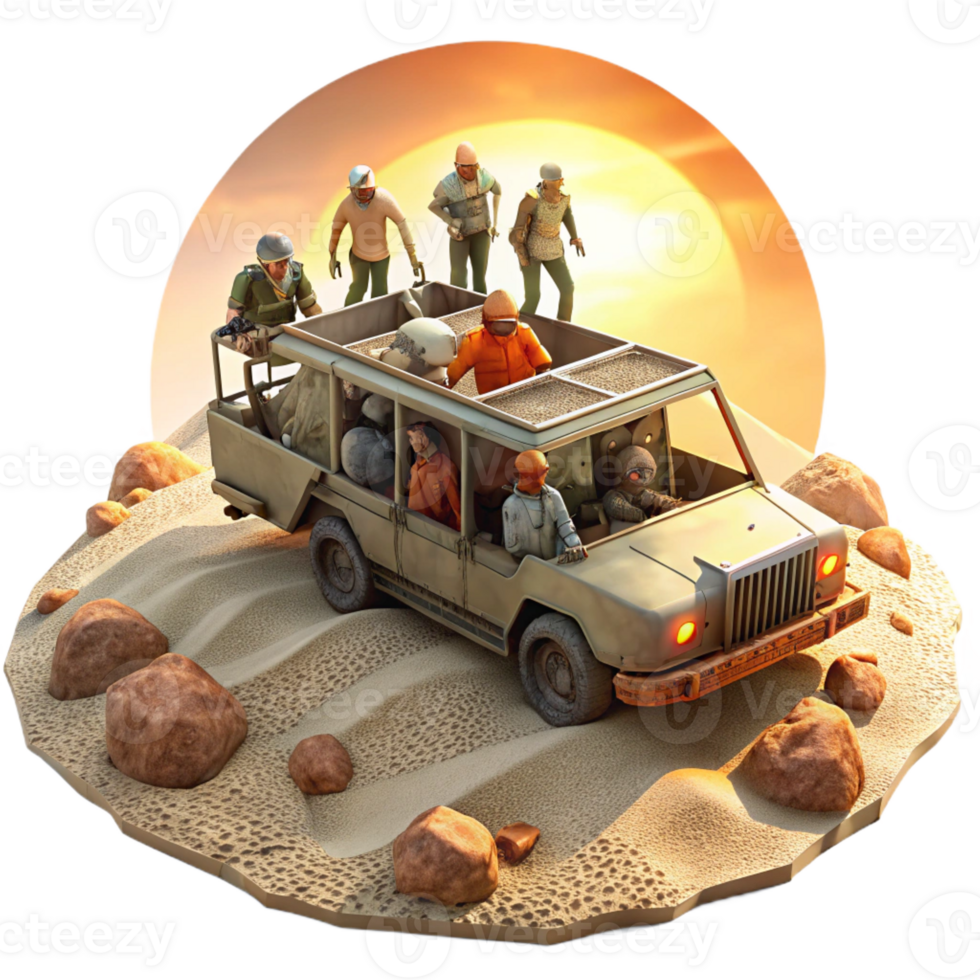 magnificent vintage A group of survivors travels across a dried-up seabed in a makeshift vehicle crafted from salvaged parts, dusty, desert landscape, bright sunlight, realistic exclusive png