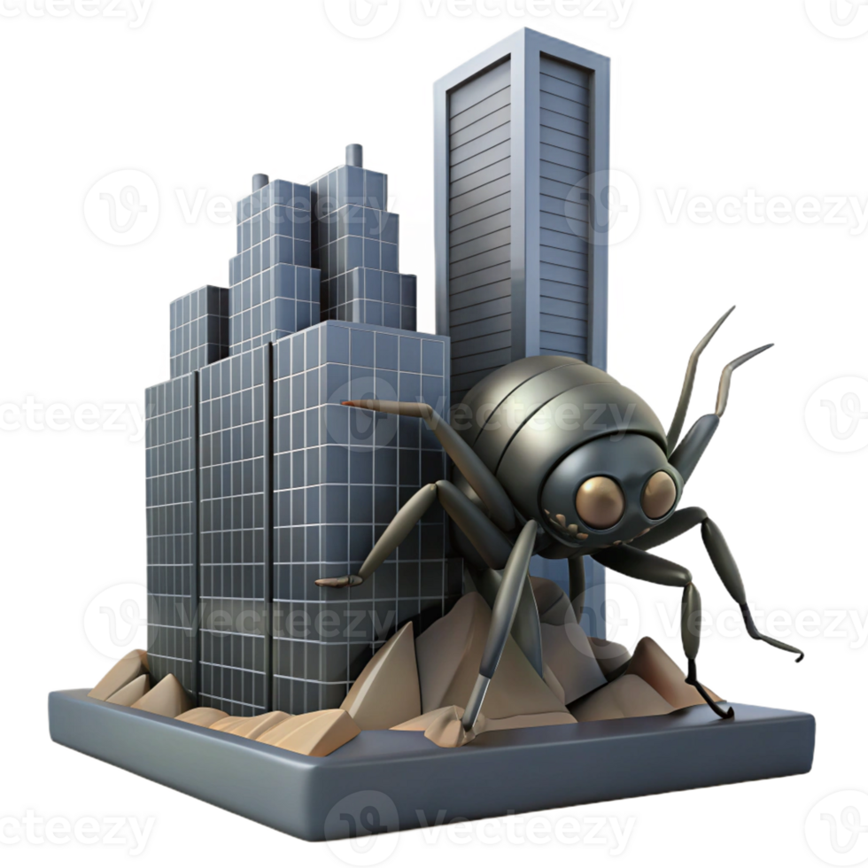 stunning modern A giant, mutated insect crawls over the wreckage of a skyscraper, dark, ominous, horror, dramatic lighting high quality png