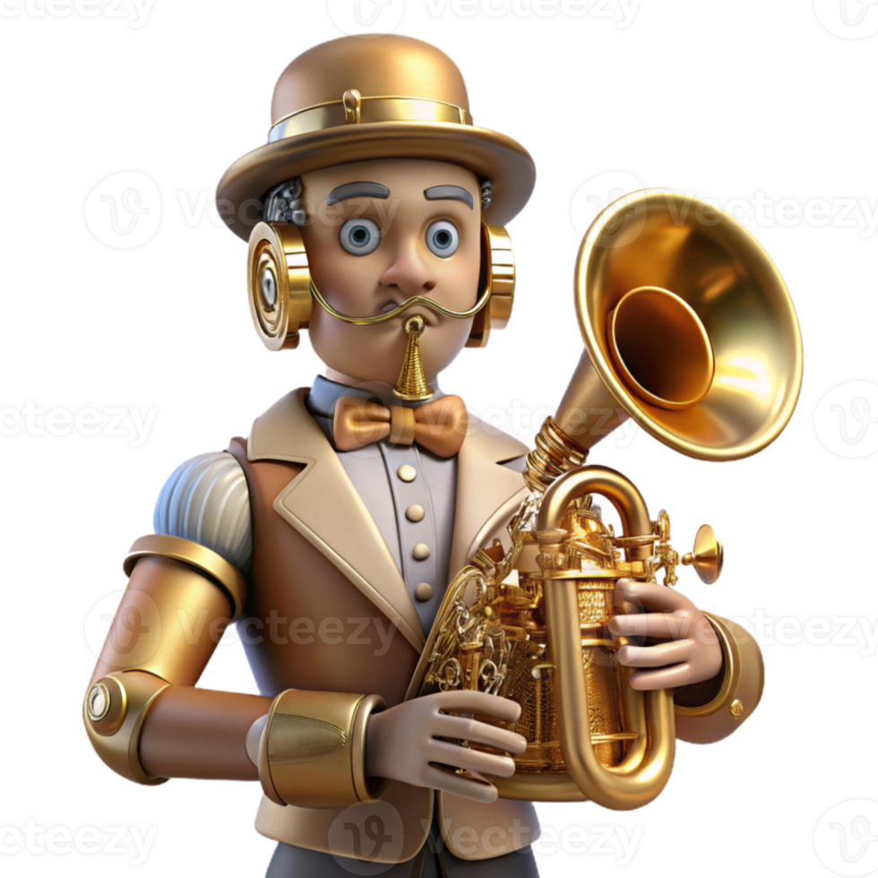 magnificent classic A steampunk automaton musician playing a brass instrument, intricate clockwork mechanisms visible, theatrical lighting, art deco style professional png