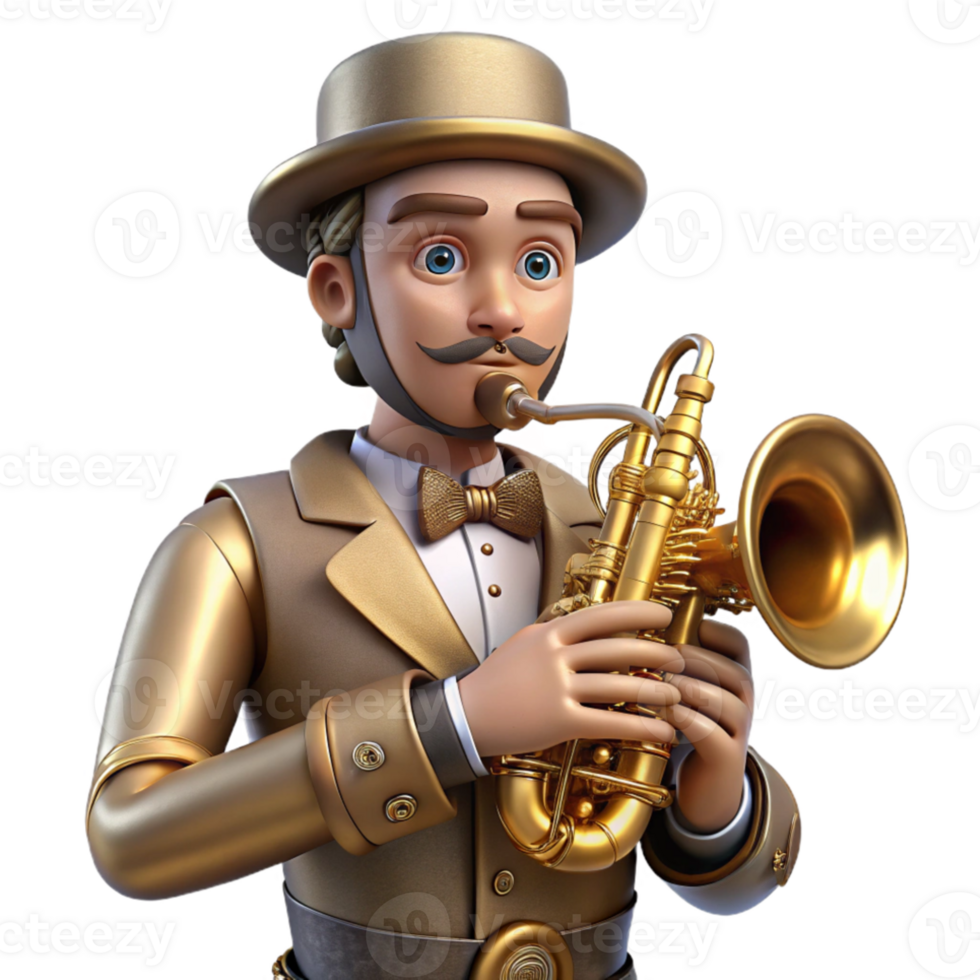 wonderful modern A steampunk automaton musician playing a brass instrument, intricate clockwork mechanisms visible, theatrical lighting, art deco style 4K png