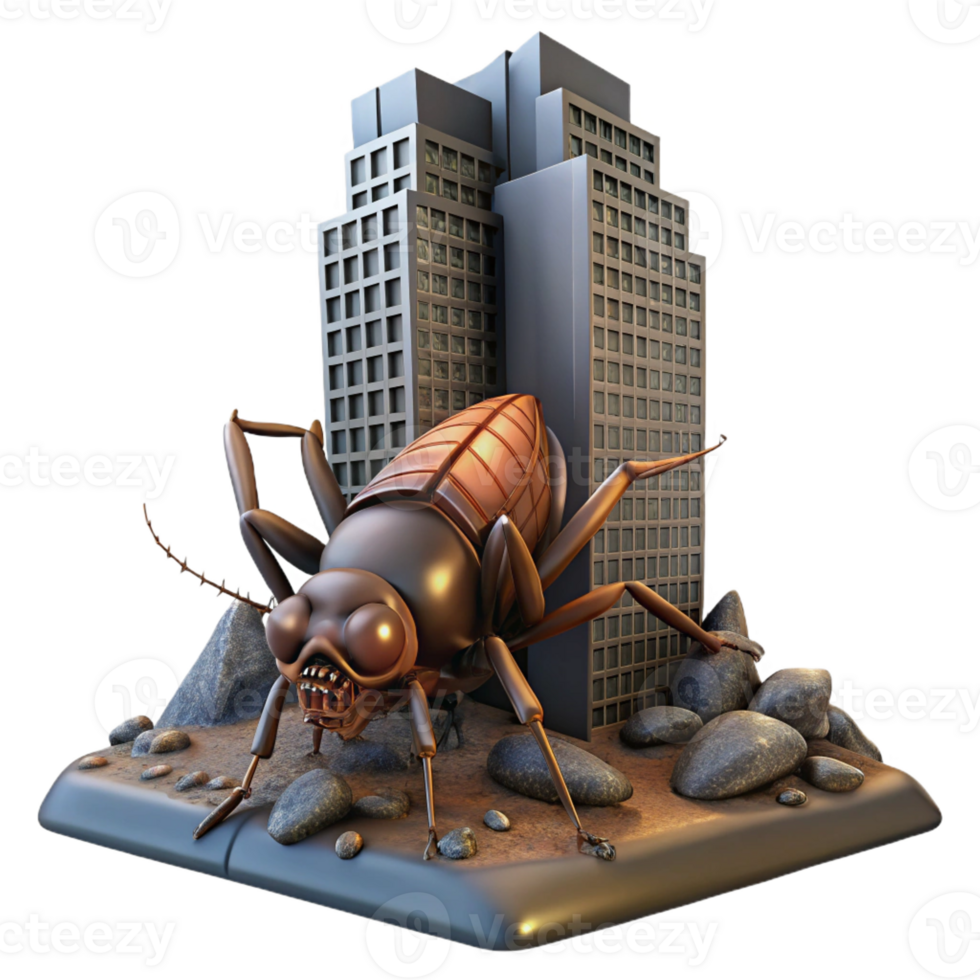 beautiful contemporary A giant, mutated insect crawls over the wreckage of a skyscraper, dark, ominous, horror, dramatic lighting 4K png