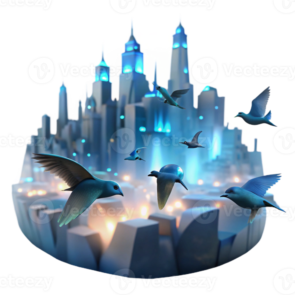 serene classic A flock of bioluminescent birds flies over a desolate cityscape at dusk, ethereal, surreal, soft lighting genuine png