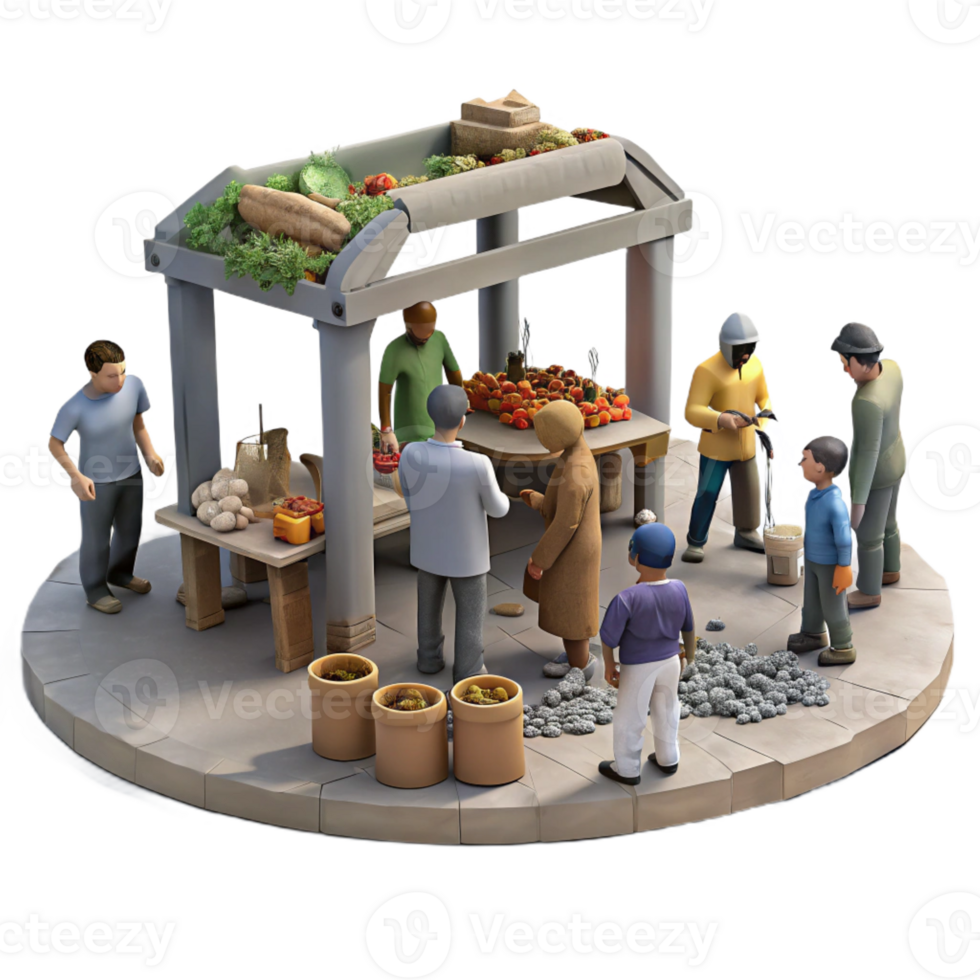 elegant modern A group of survivors barters for goods in a makeshift marketplace within a bombed-out stadium, bustling, gritty, realistic, ambient lighting high resolution png