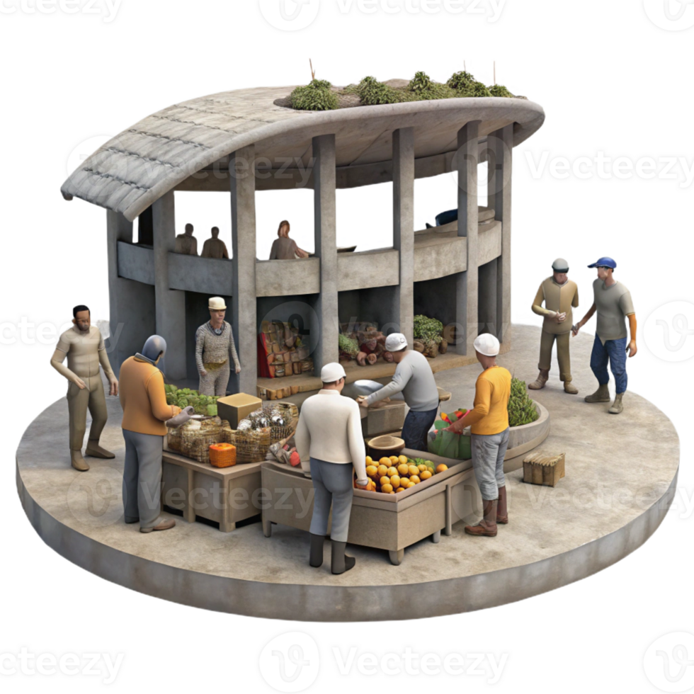 dramatic classic A group of survivors barters for goods in a makeshift marketplace within a bombed-out stadium, bustling, gritty, realistic, ambient lighting professional png