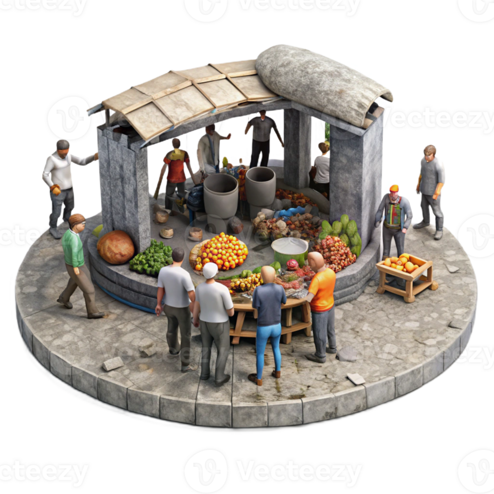 beautiful traditional A group of survivors barters for goods in a makeshift marketplace within a bombed-out stadium, bustling, gritty, realistic, ambient lighting original png