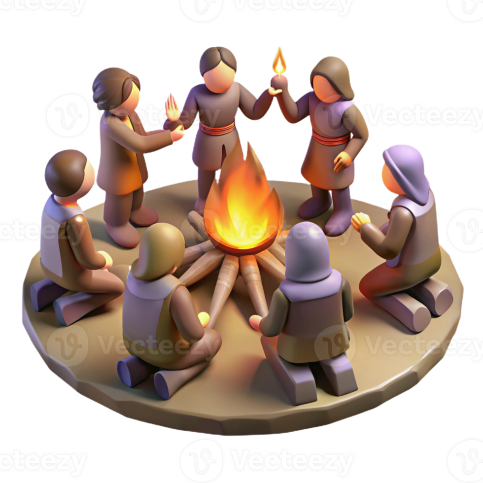 extraordinary traditional A group of survivors performs a ritual around a bonfire amidst a desolate forest, mystical, firelight, painterly professional png