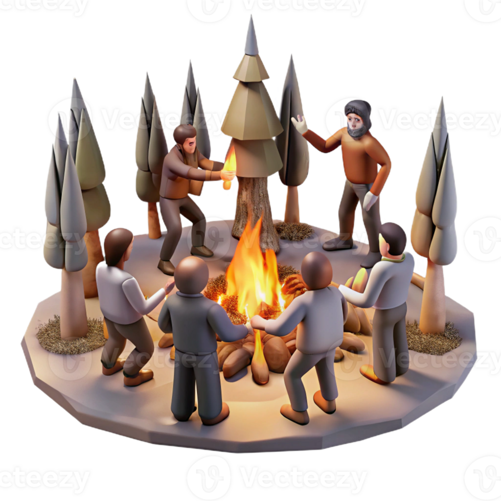 stunning artistic A group of survivors performs a ritual around a bonfire amidst a desolate forest, mystical, firelight, painterly original png