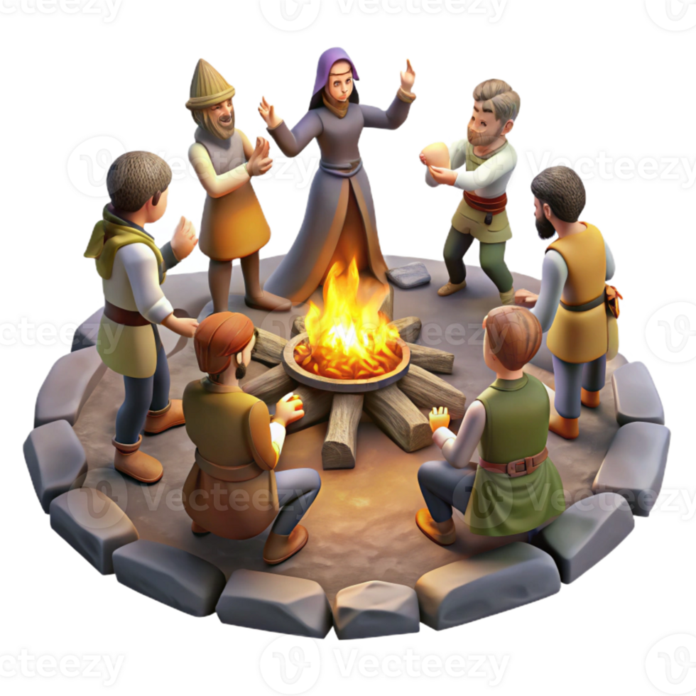 serene rustic A group of survivors performs a ritual around a bonfire amidst a desolate forest, mystical, firelight, painterly high quality png