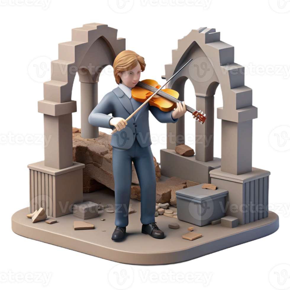elegant creative A lone figure plays a melancholic tune on a salvaged violin amidst the ruins of a concert hall, somber, realistic, soft lighting original png