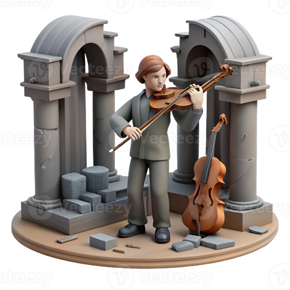 magnificent traditional A lone figure plays a melancholic tune on a salvaged violin amidst the ruins of a concert hall, somber, realistic, soft lighting premium png