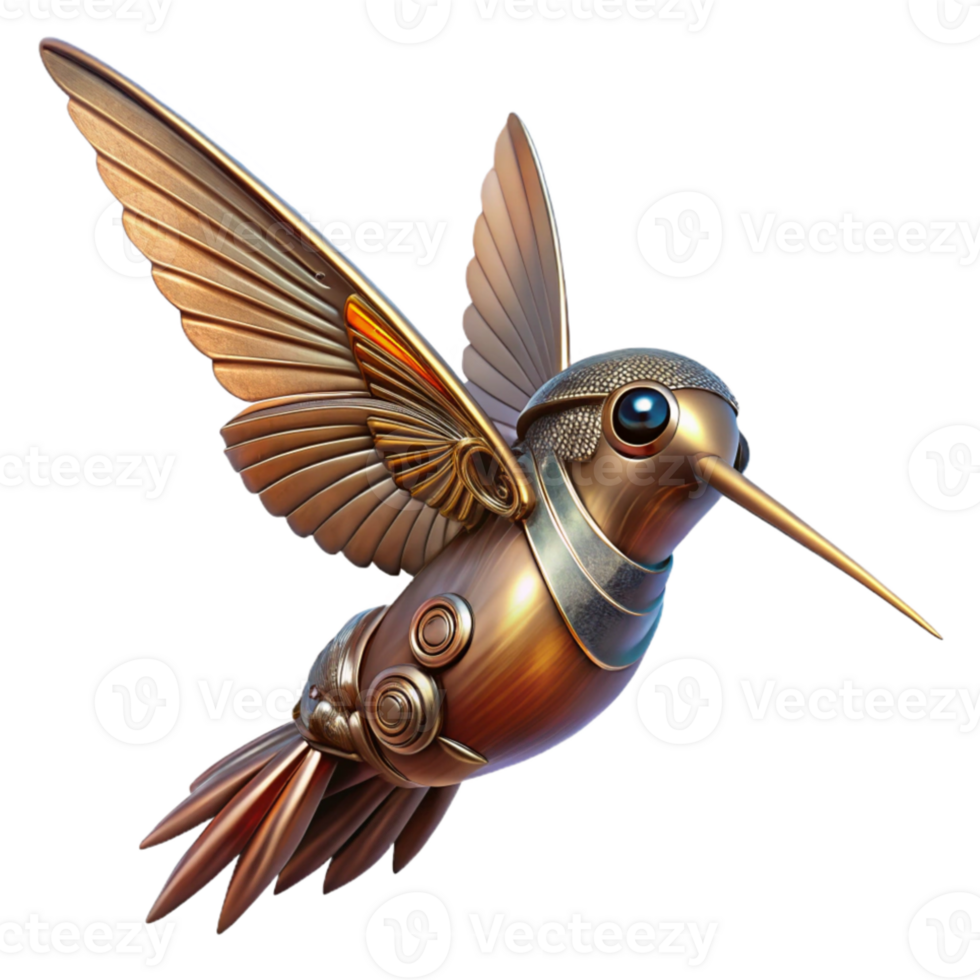 magnificent abstract A steampunk hummingbird with delicate metal wings and a long, needle-like beak, hovering pose, dynamic lighting 4K png