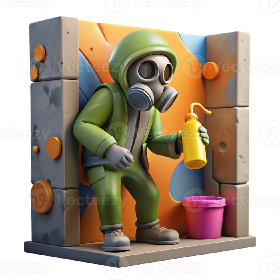 stunning vintage A lone figure in a gas mask paints a mural on the wall of a ruined building, expressing hope, vibrant colors, street art style, natural lighting high resolution png
