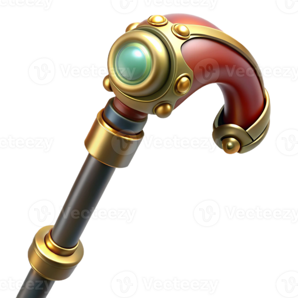 dramatic modern A steampunk walking cane with a hidden blade and intricate brass handle, dramatic lighting, realistic rendering premium png