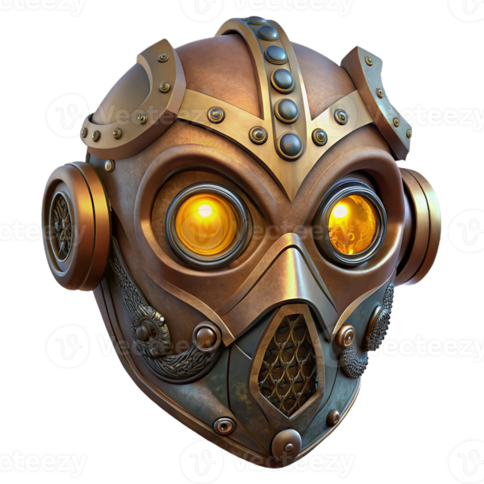magnificent classic A steampunk mask with intricate filigree and glowing LED eyes, mysterious atmosphere, dramatic lighting authentic png