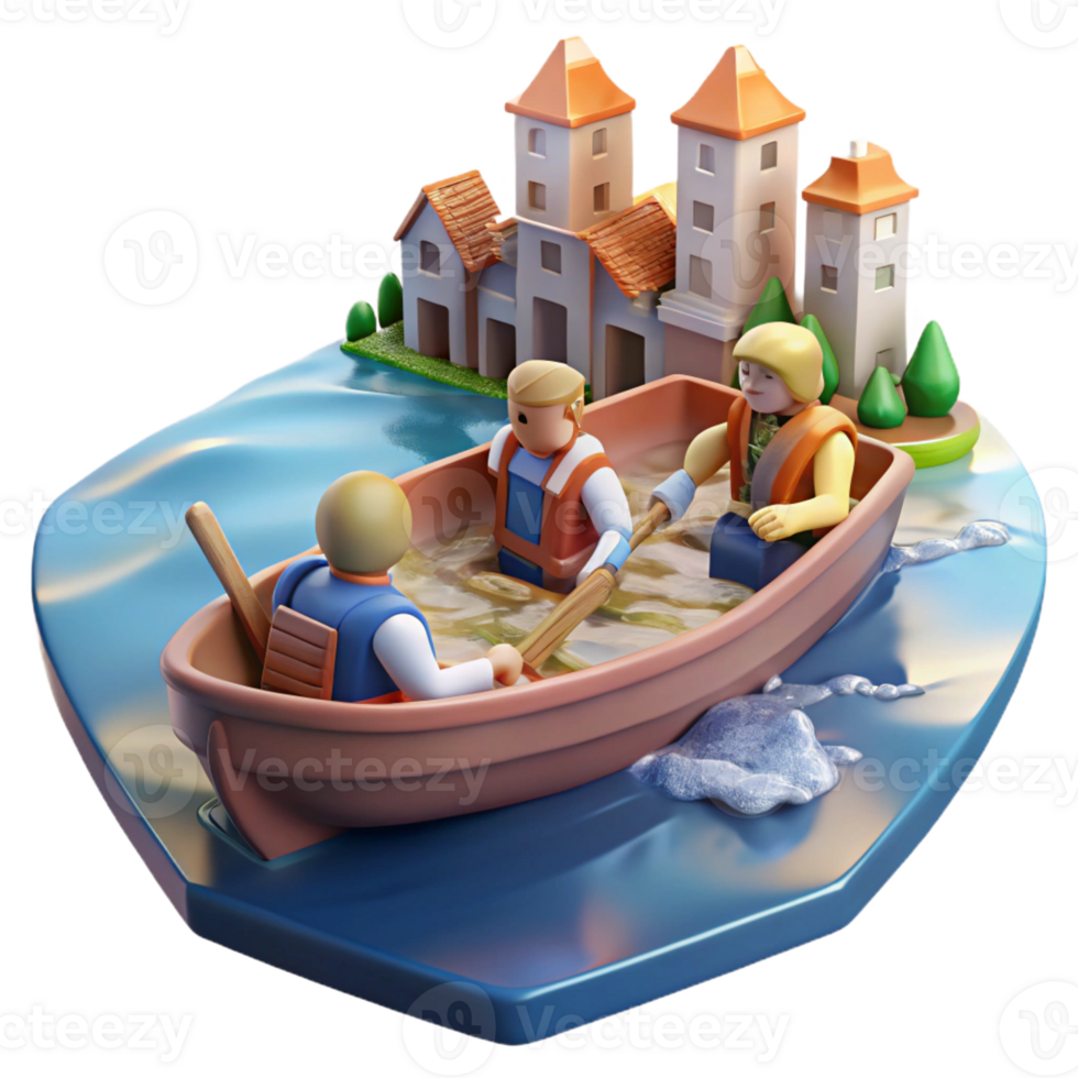 extraordinary traditional A group of survivors sails across a flooded city in a makeshift boat, serene, watercolor style, soft lighting original png