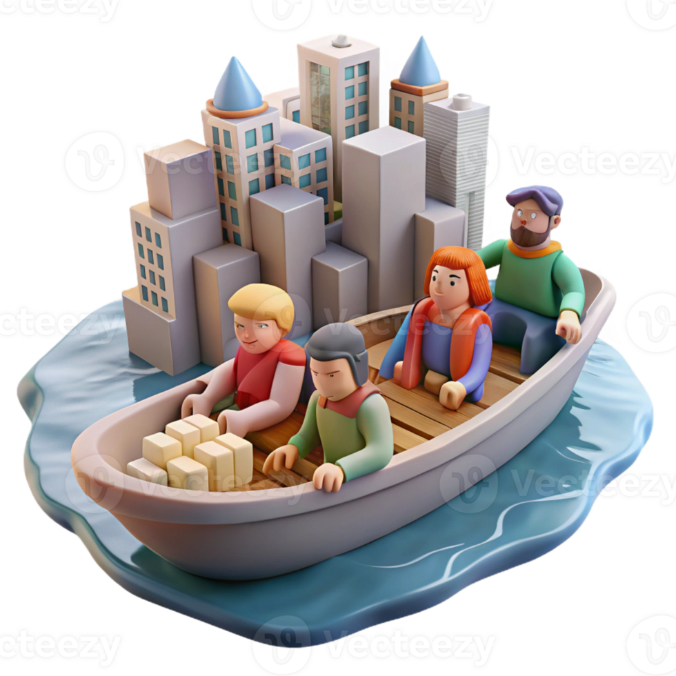 beautiful minimalist A group of survivors sails across a flooded city in a makeshift boat, serene, watercolor style, soft lighting genuine png