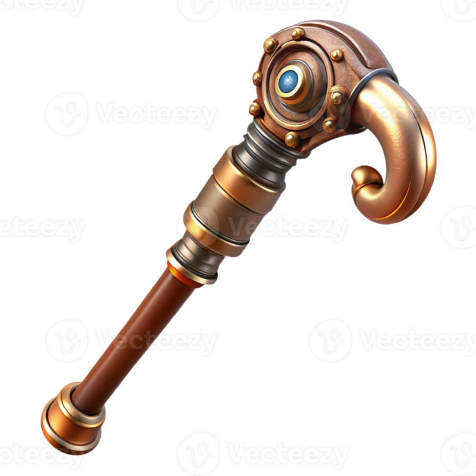 impressive contemporary A steampunk walking cane with a hidden blade and intricate brass handle, dramatic lighting, realistic rendering professional png