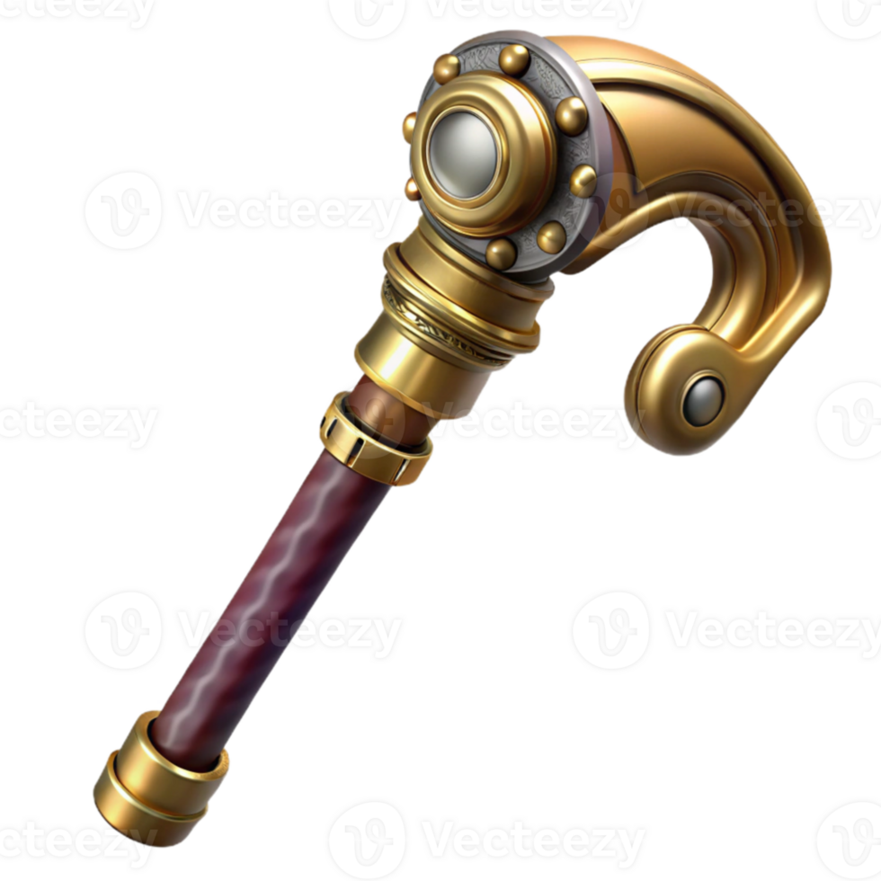 serene rustic A steampunk walking cane with a hidden blade and intricate brass handle, dramatic lighting, realistic rendering high quality png