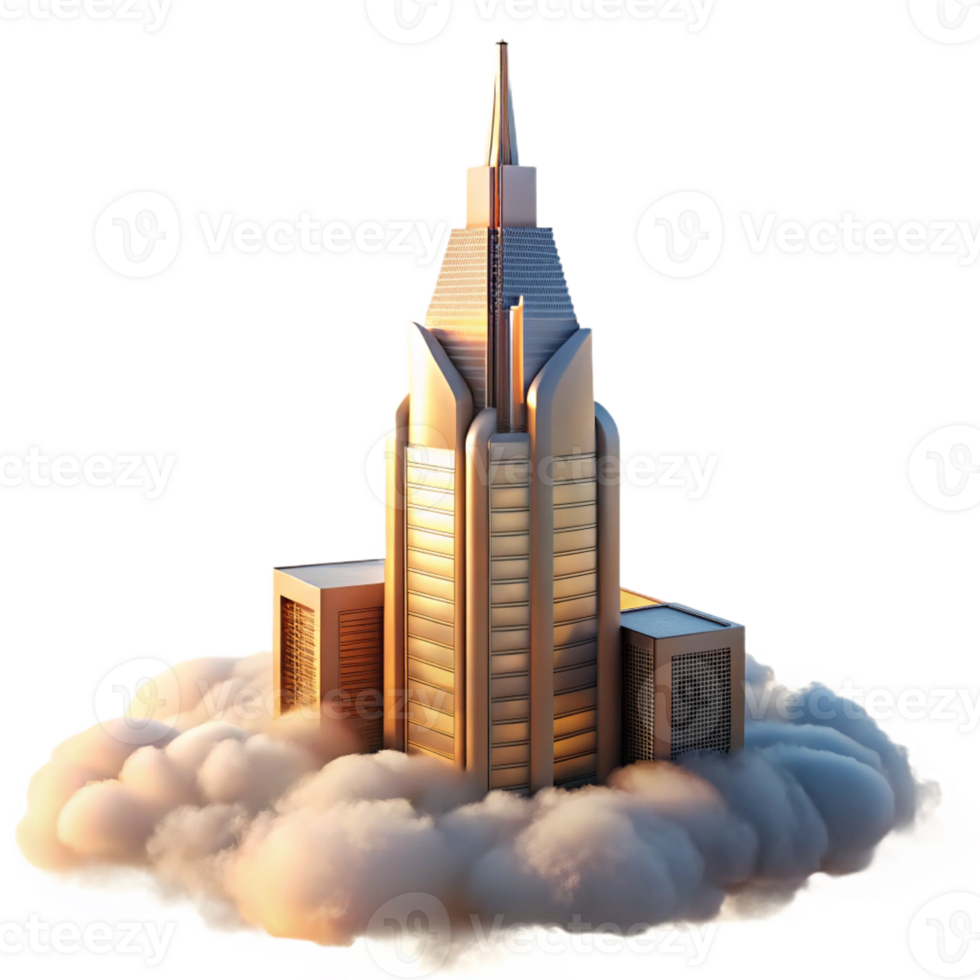 serene artistic Art Deco skyscraper piercing a swirling fog, sunrise, soft lighting, art deco style authentic png