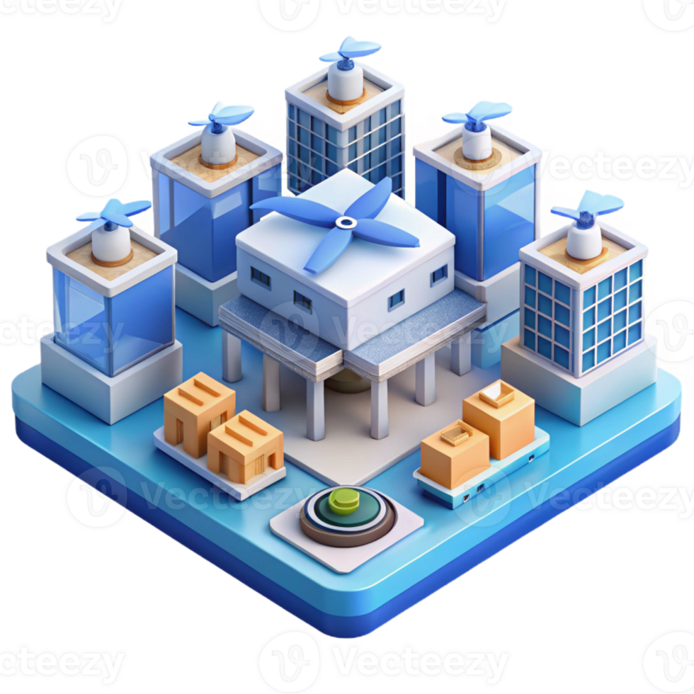 stunning contemporary Isometric view of a bustling city square with intricate tile patterns and hovering drones delivering packages, midday, bright lighting, isometric style high resolution png