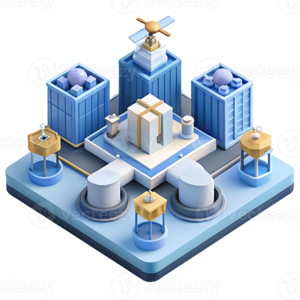 extraordinary contemporary Isometric view of a bustling city square with intricate tile patterns and hovering drones delivering packages, midday, bright lighting, isometric style exclusive png