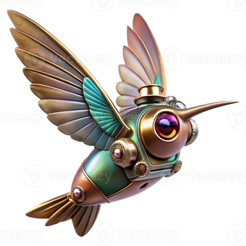 dramatic classic A steampunk hummingbird drone with delicate metal wings and a miniature camera, hovering pose, dynamic lighting professional png