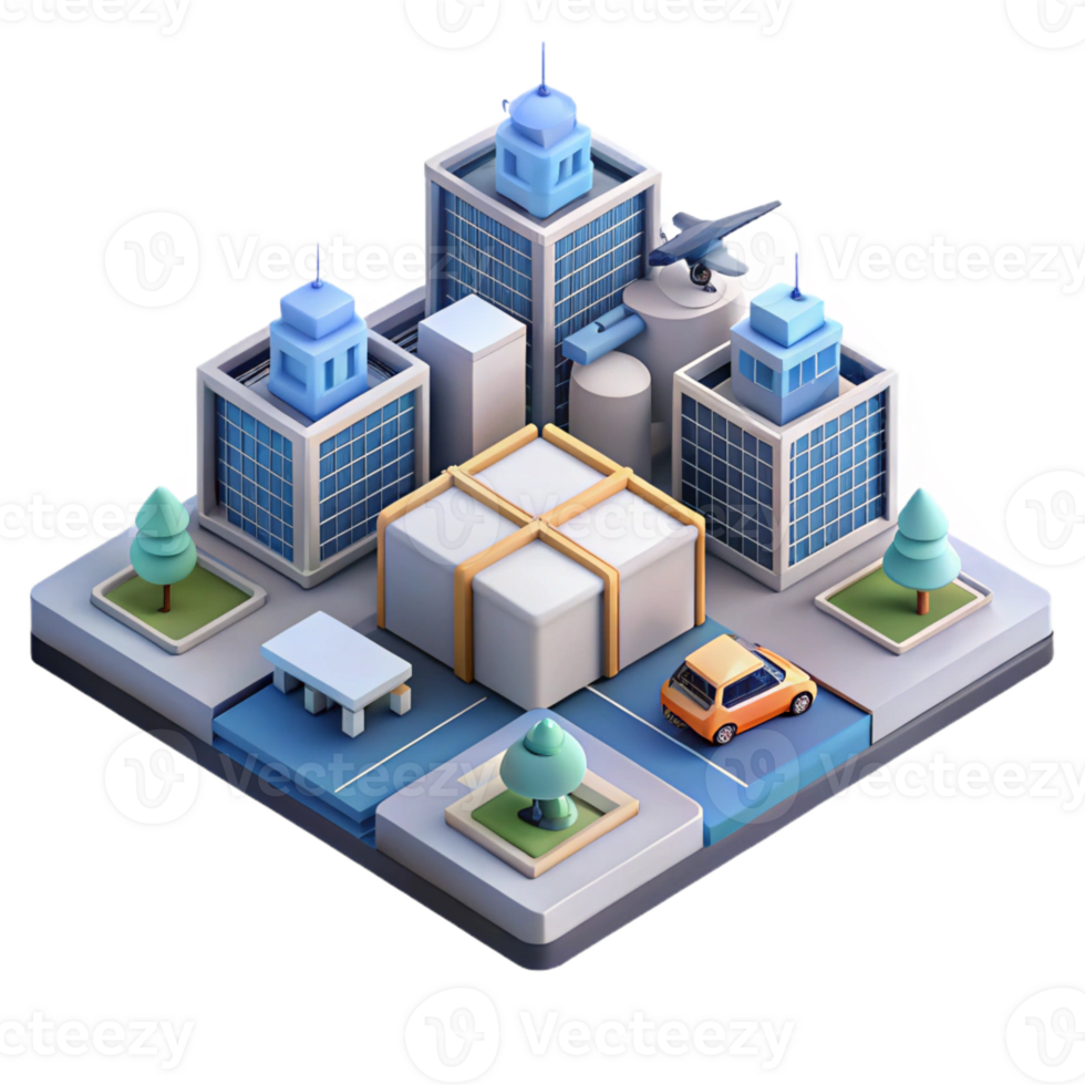 dramatic contemporary Isometric view of a bustling city square with intricate tile patterns and hovering drones delivering packages, midday, bright lighting, isometric style high quality png