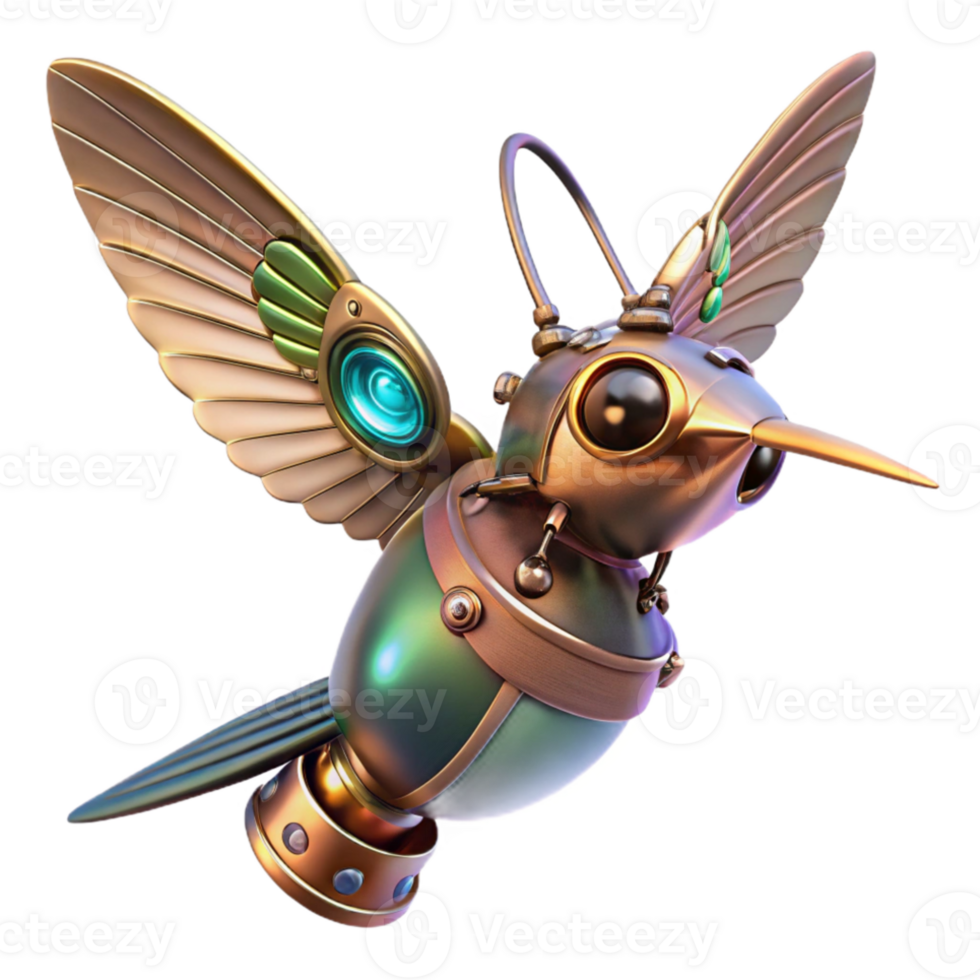 stunning abstract A steampunk hummingbird drone with delicate metal wings and a miniature camera, hovering pose, dynamic lighting exclusive png