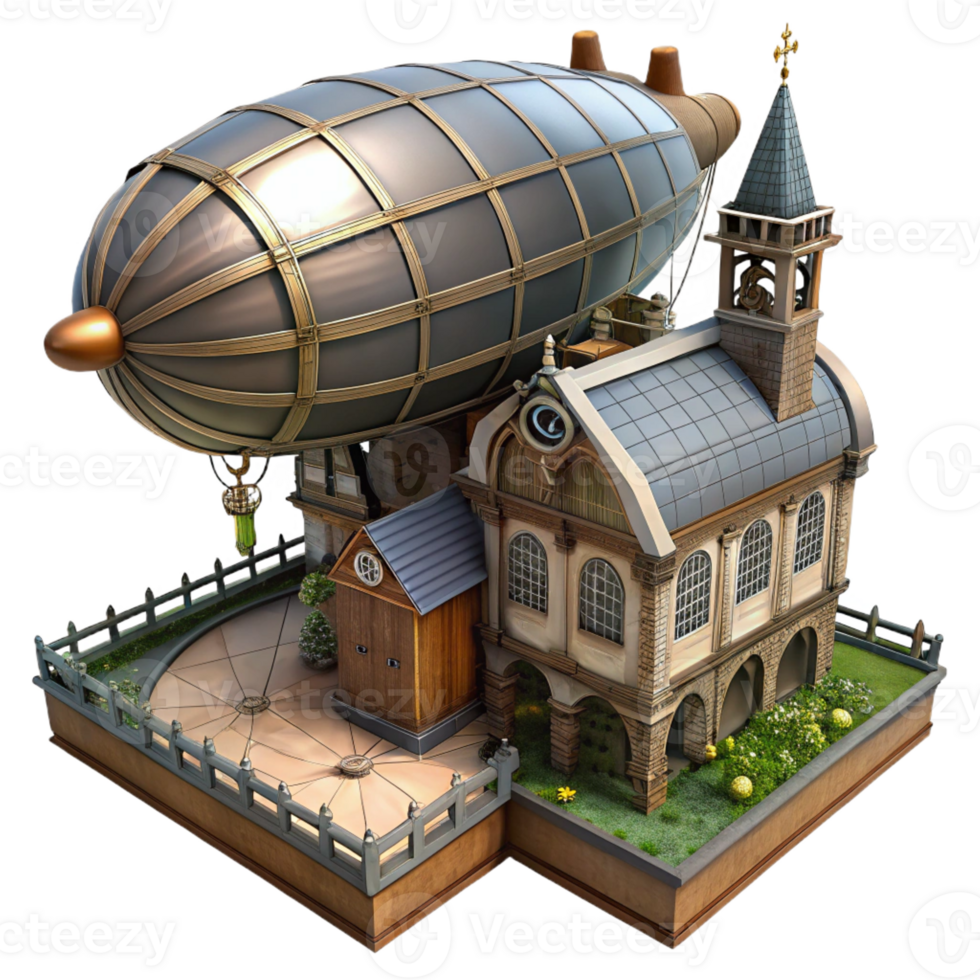 stunning modern Steampunk airship docking on a rooftop garden of a Victorian-era building, overcast, diffused lighting, steampunk style original png