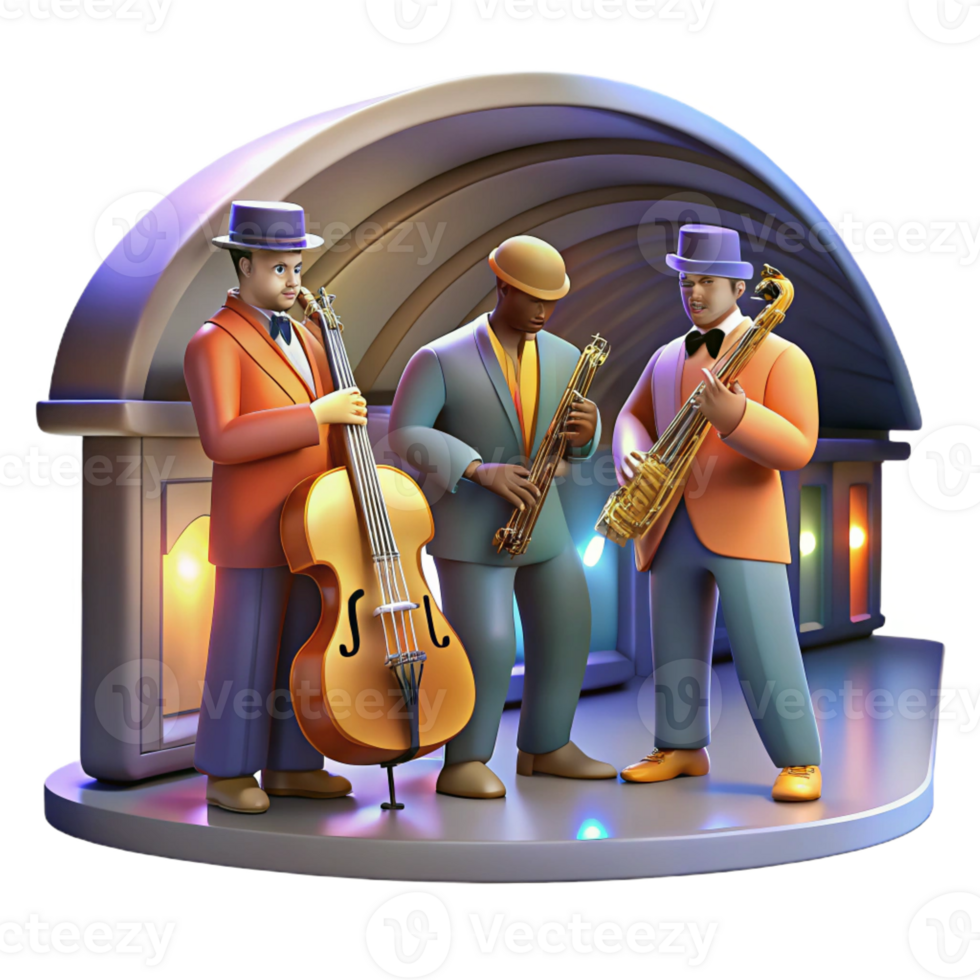 vibrant minimalist A group of street musicians playing jazz in a subway station, night, warm incandescent lighting, impressionistic style high resolution png