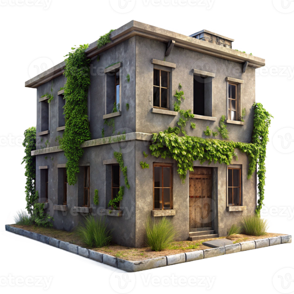 stunning contemporary A dilapidated building with boarded-up windows and overgrown vines, overcast, muted lighting, urban decay style genuine png
