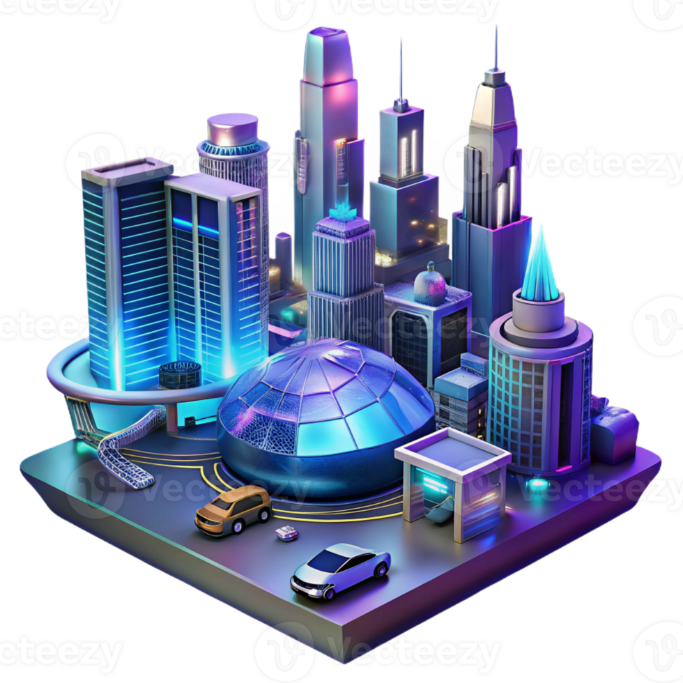 elegant creative A futuristic cityscape with flying vehicles and holographic billboards, night, neon lighting, cyberpunk style high quality png