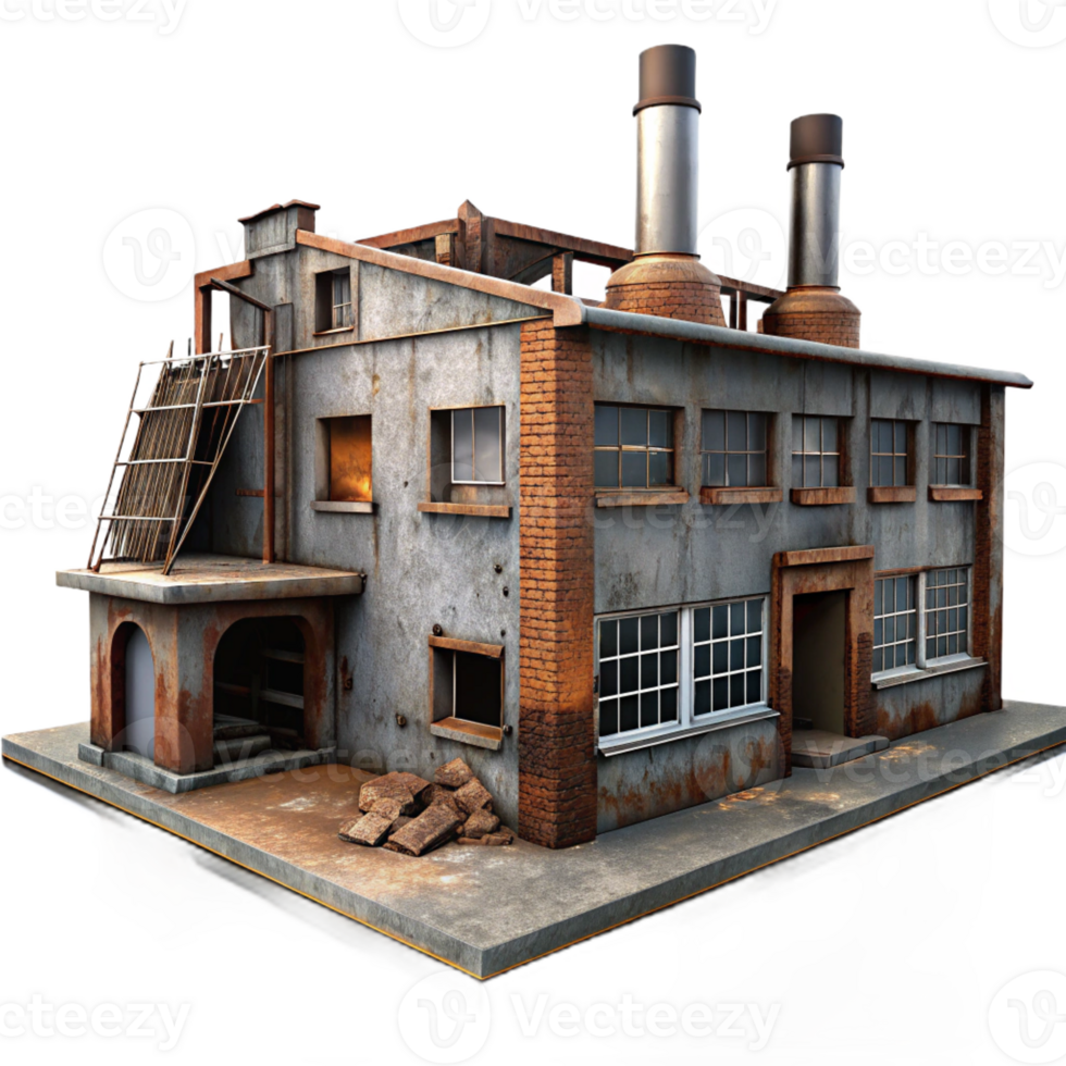 elegant creative An abandoned factory with broken windows and rusty machinery, overcast, dim lighting, grunge style high quality png