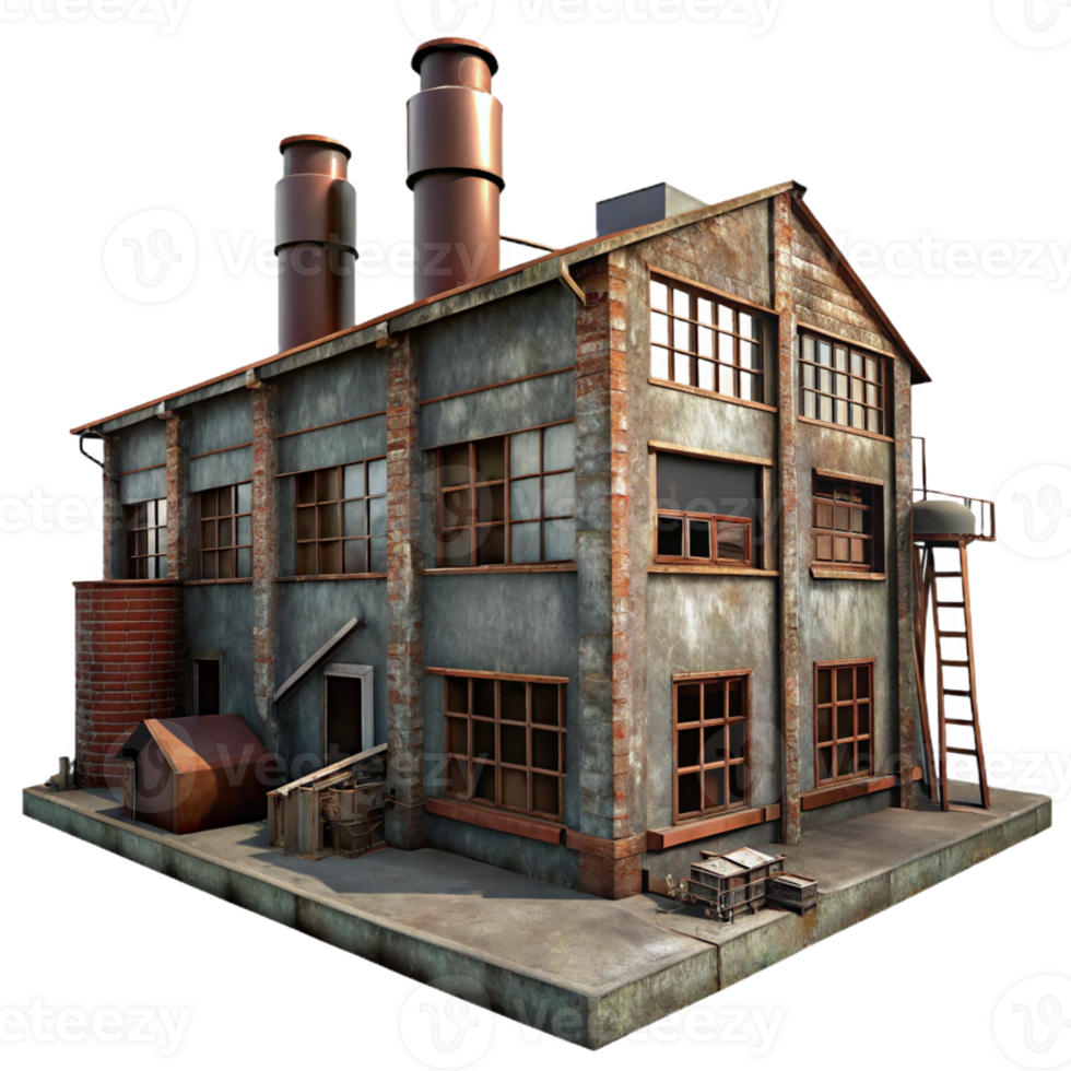 dramatic classic An abandoned factory with broken windows and rusty machinery, overcast, dim lighting, grunge style detailed png