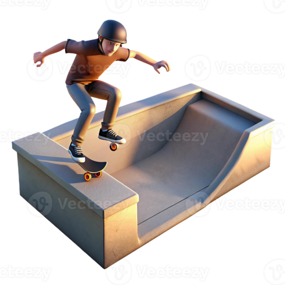 wonderful modern A skateboarder performing a trick in a concrete skatepark, sunset, warm lighting, action photography style professional png