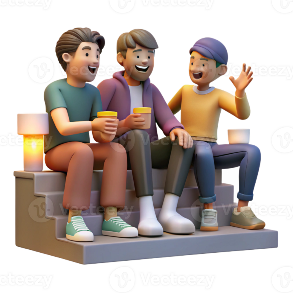 stunning modern A group of friends sitting on a stoop, laughing and talking, evening, warm lighting, slice-of-life style high quality png