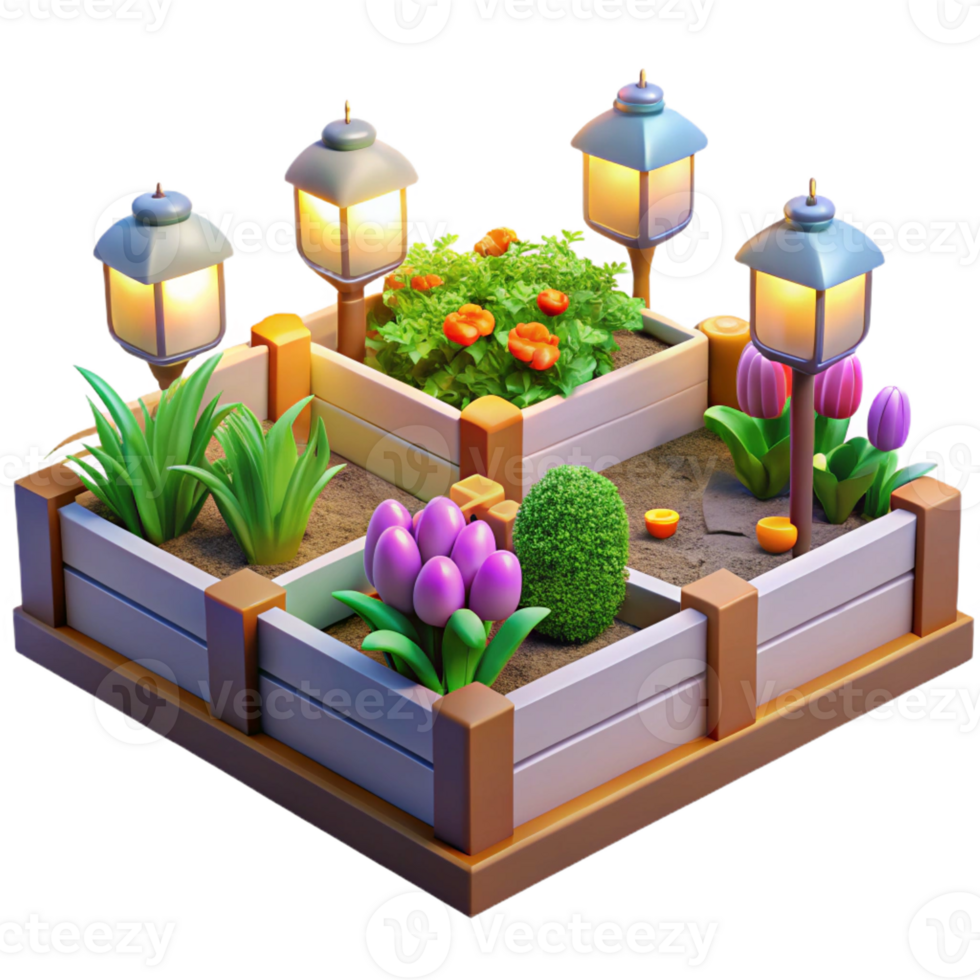 elegant artistic An urban garden with raised beds and colorful flowers, midday, bright lighting, gardening style authentic png