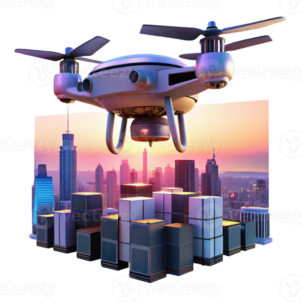 beautiful classic A delivery drone flying over a cityscape, dusk, twilight lighting, futuristic style professional png