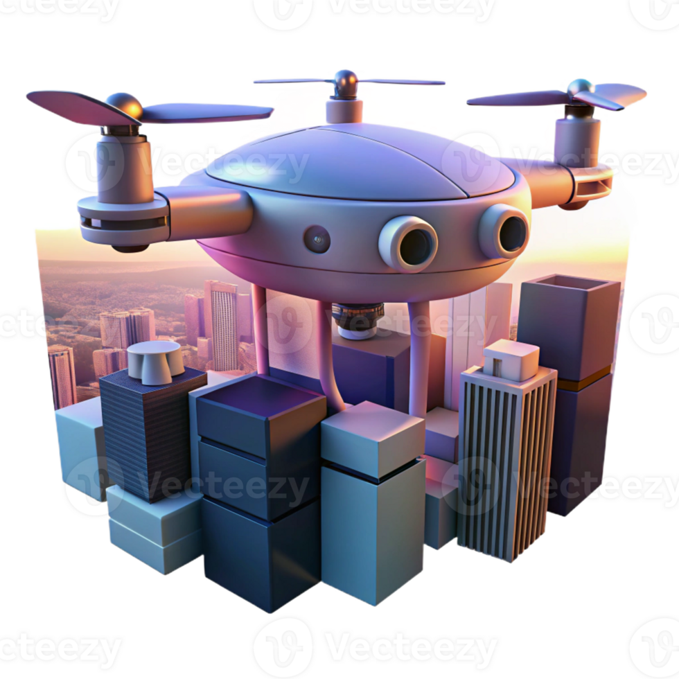 stunning minimalist A delivery drone flying over a cityscape, dusk, twilight lighting, futuristic style genuine png